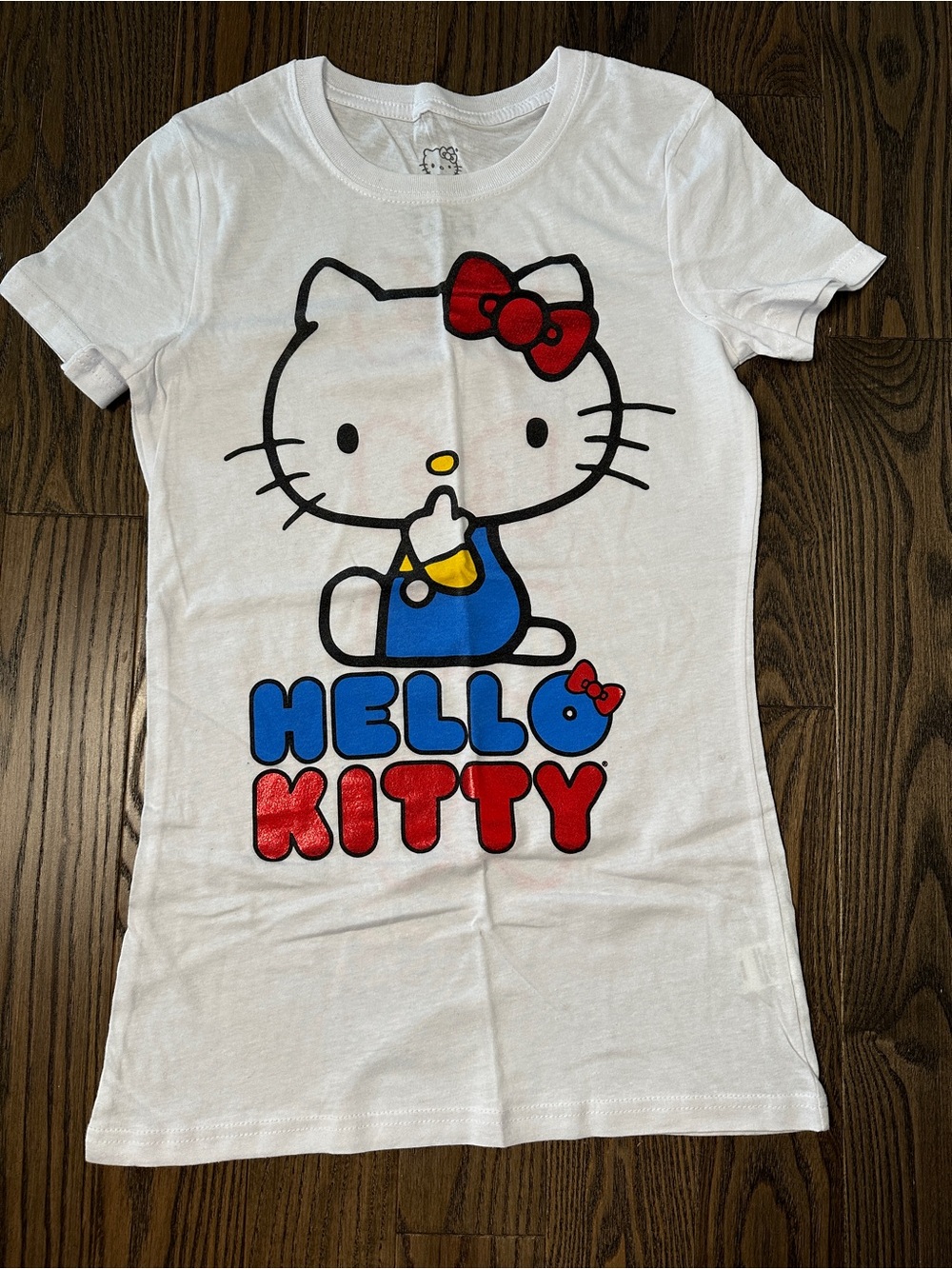 Hello Kitty White Tee with Red Bow and Blue Graphic